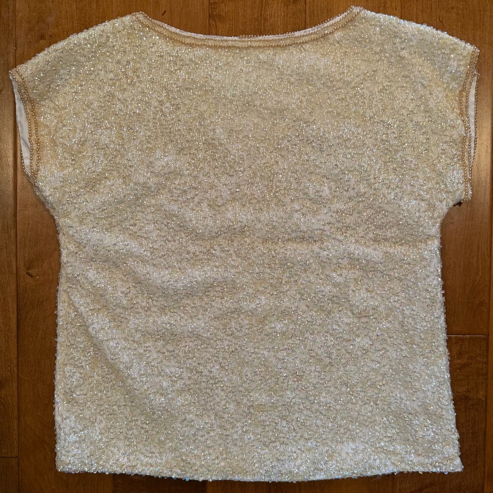 Vintage 80s Shimmering Iridescent Sequin Top- Seed Beading Boat Neck, Cap Sleeve